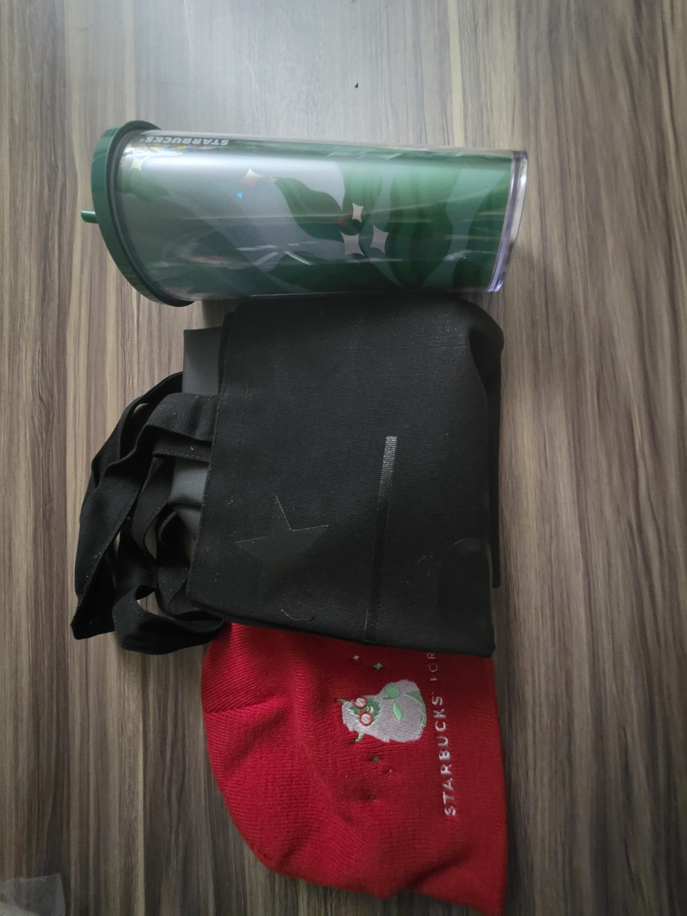 Starbucks Green Reusable Tumbler with Black Tote and Red Holiday Beanie